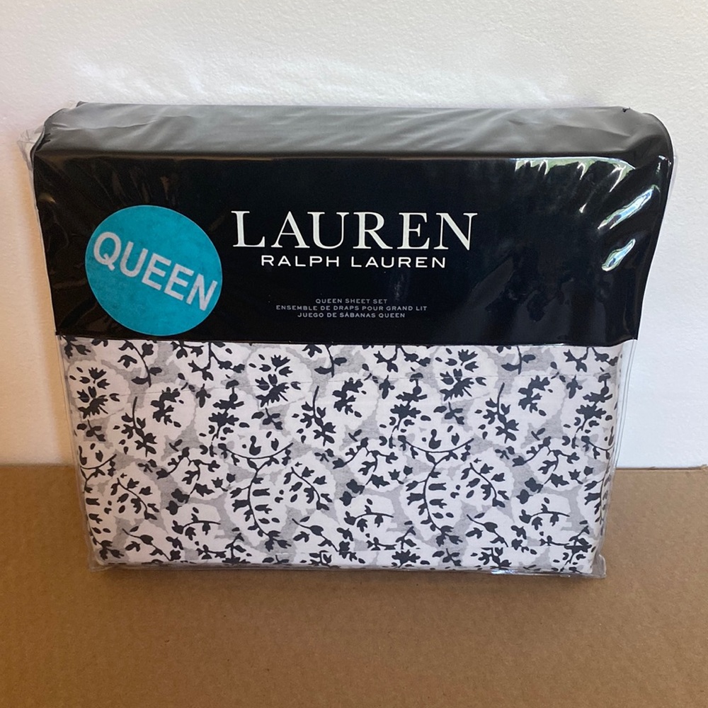 Lauren Ralph Lauren EVA LEAF GREY NAVY WHITE Queen Sheet Set $250 NWT